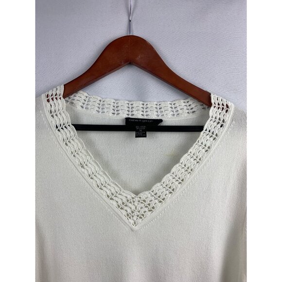 Cable & Gauge White Crochet Trim V-Neck Sweater Medium - Picture 4 of 6
